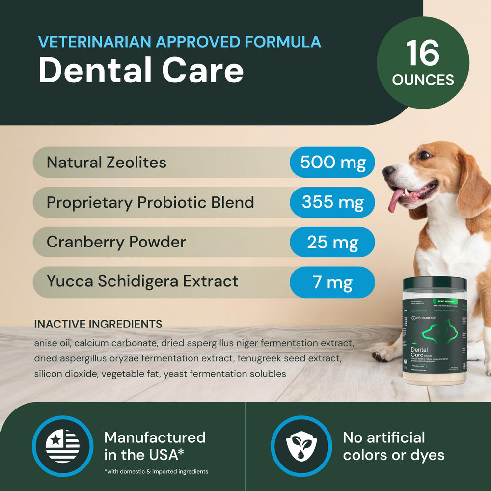 VetriScience Dental Care Powder textura aromática para añadir a la comida diaria.
