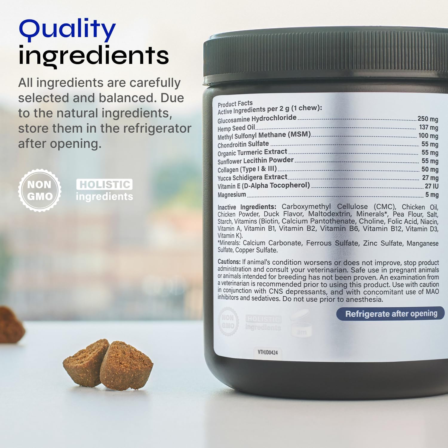 Cúrcuma presente en cada masticable, nutrición para articulaciones caninas.