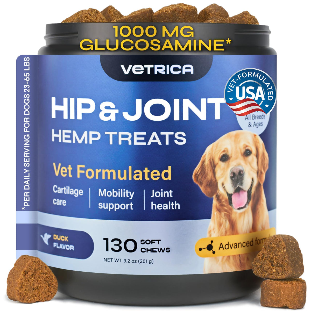 Vetrica glucosamina para perros en envase, fácil de almacenar para uso diario.