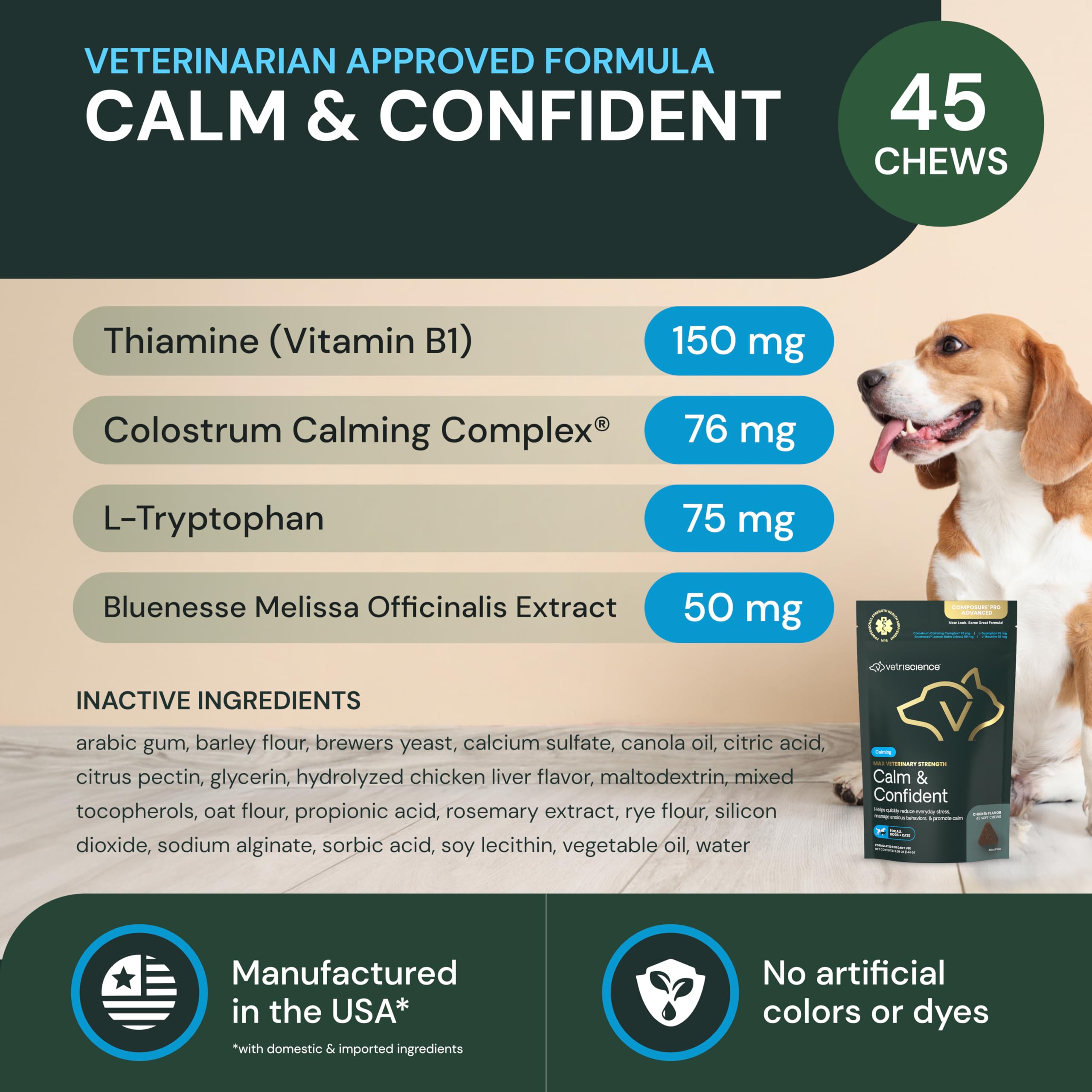 Perro o gato recibiendo masticables VetriScience Max para promover la calma durante estímulos.