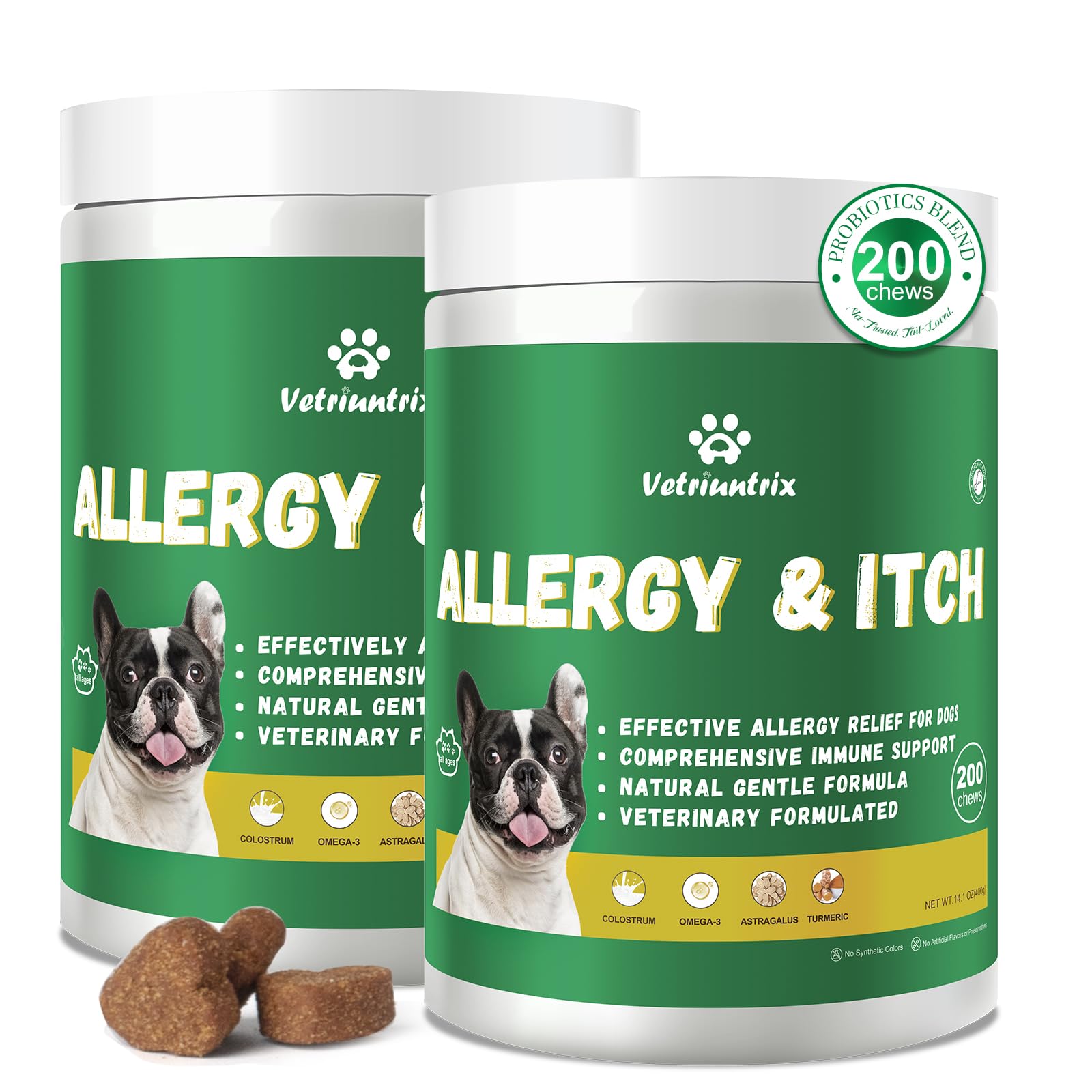 Vetriuntrix Dog Allergy Chews: bote de 400 unidades para potencial alivio de picazón