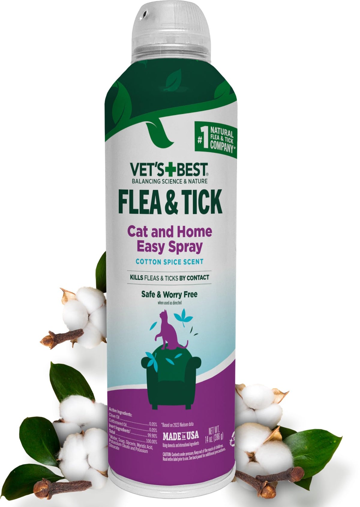 Vet's Best atomizador natural para gatos, frente de la botella, uso sencillo.