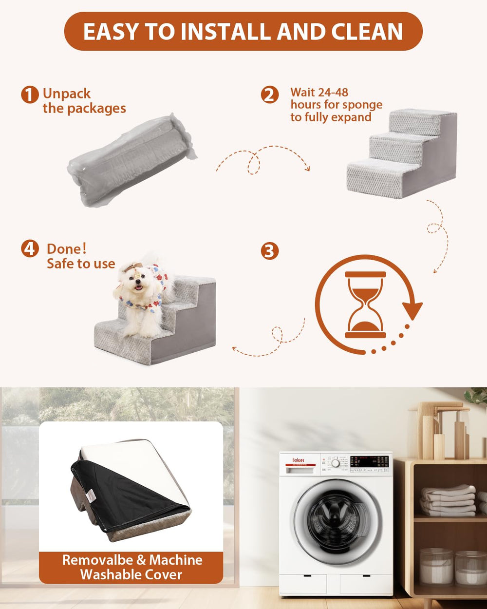 Diseño ergonómico de las escaleras Vfrog para facilitar el subir a perros y gatos al sofá.
