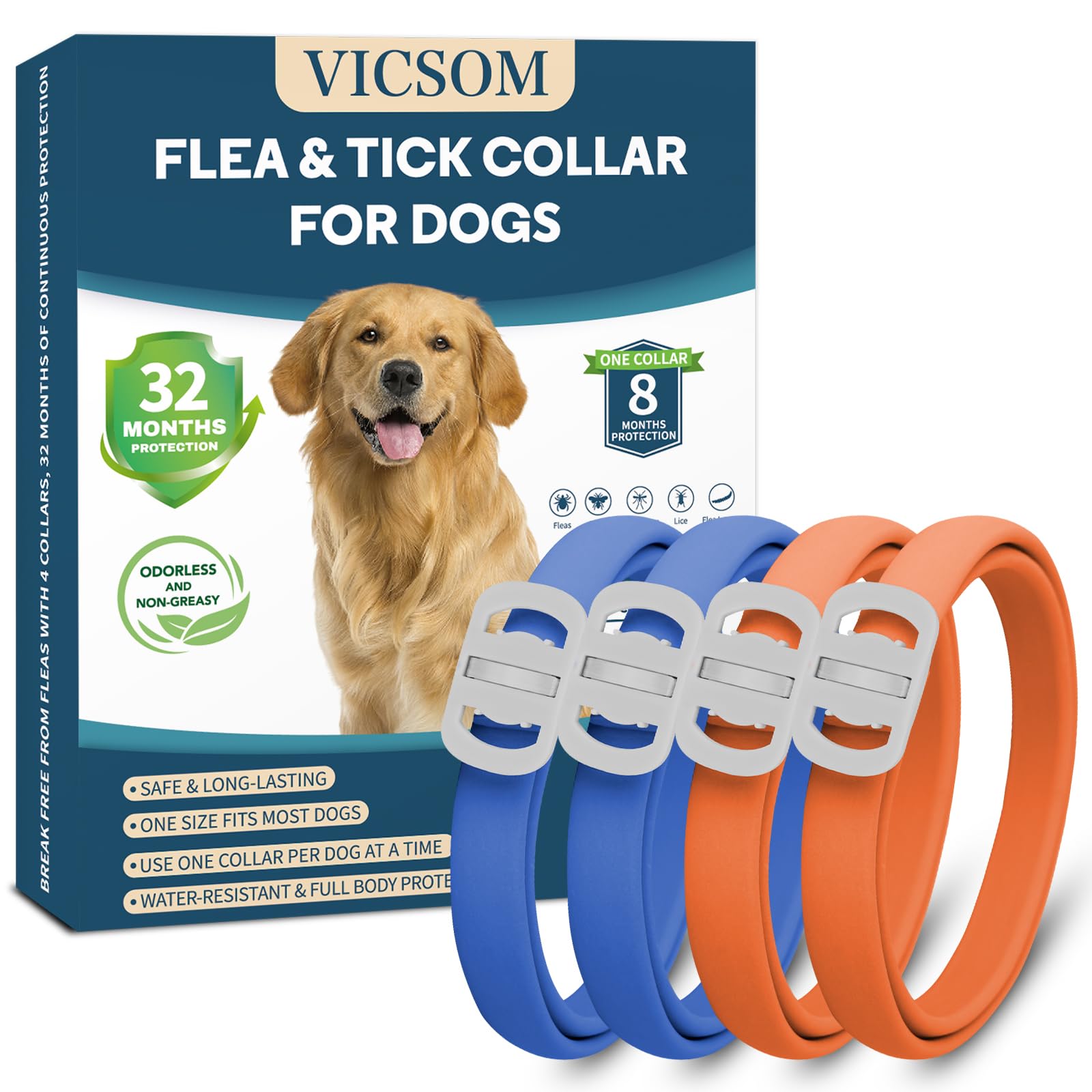 Collar antipulgas VICSOM azul y naranja para perros, ideal para la temporada de pulgas.