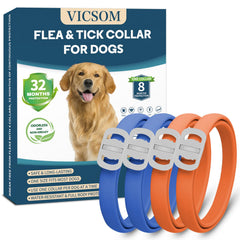 Collar antipulgas VICSOM azul y naranja para perros, ideal para la temporada de pulgas.