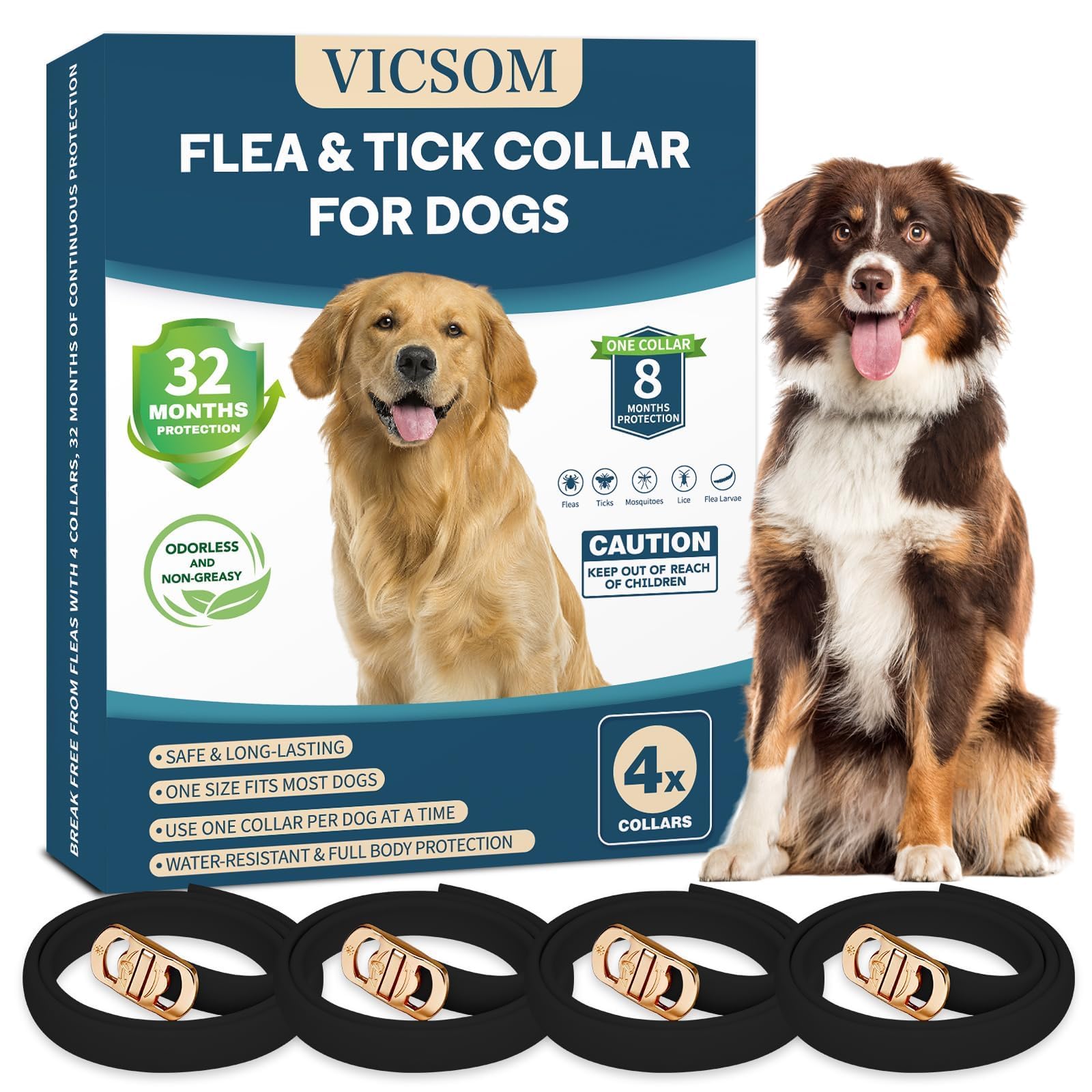 Collar VICSOM para garrapatas de perro con 4paquetes, protección continua.