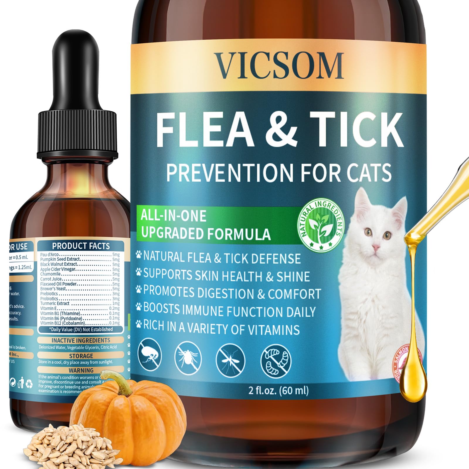 VICSOM drops para prevención de pulgas y garrapatas en gatos, sabor a salmón.