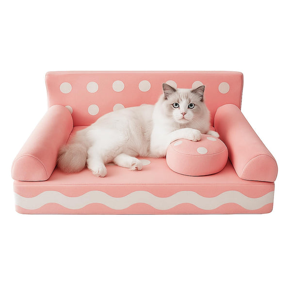 Sofá para gato VIEFIN en forma de galleta rosa, ideal para descansar cómodamente.