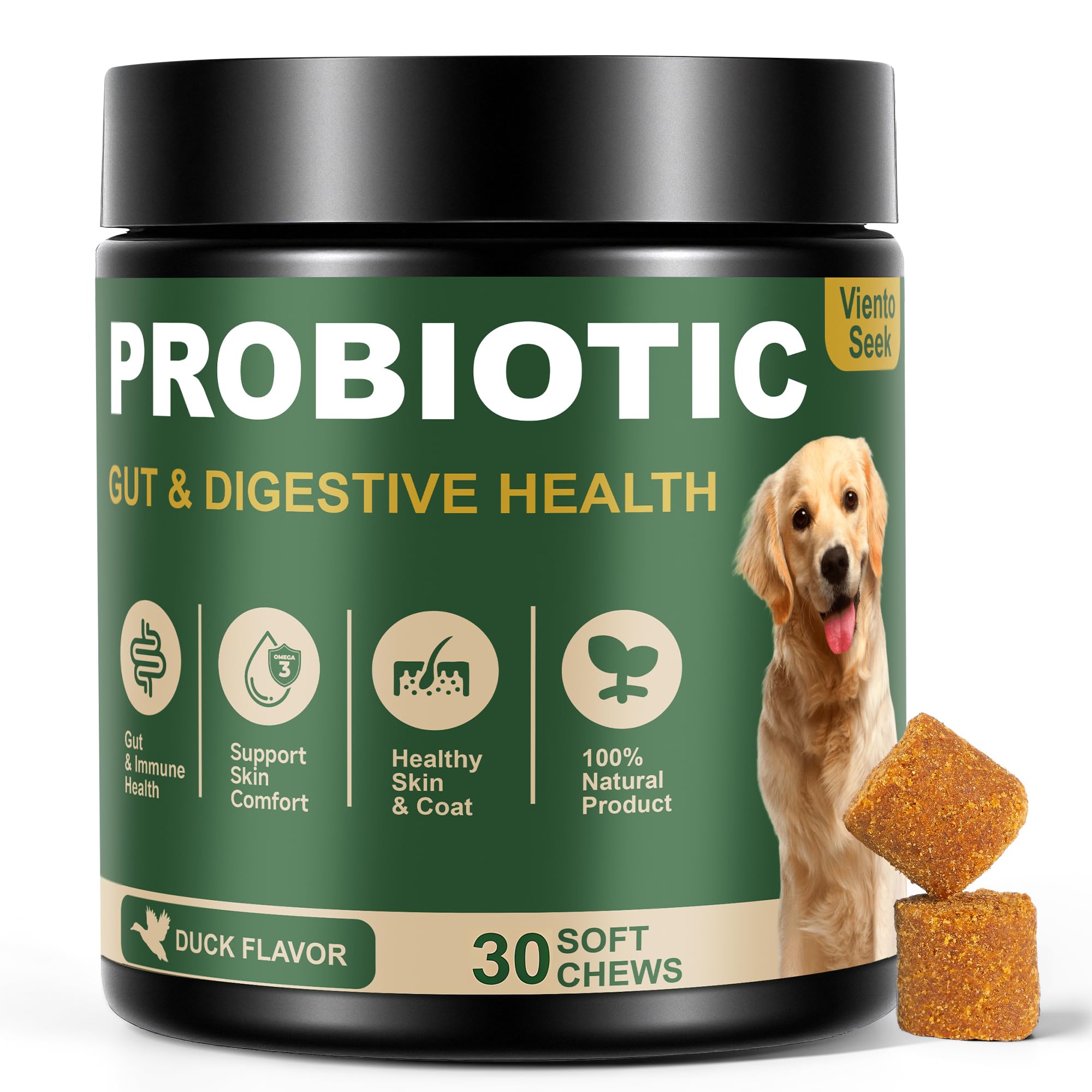 VientoSeek Probióticos para perros, botella de pato, apoyo digestivo diario.