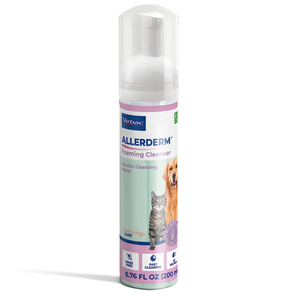 Virbac Allerderm espuma limpiadora en botella, lavado sin enjuague para piel sensible.
