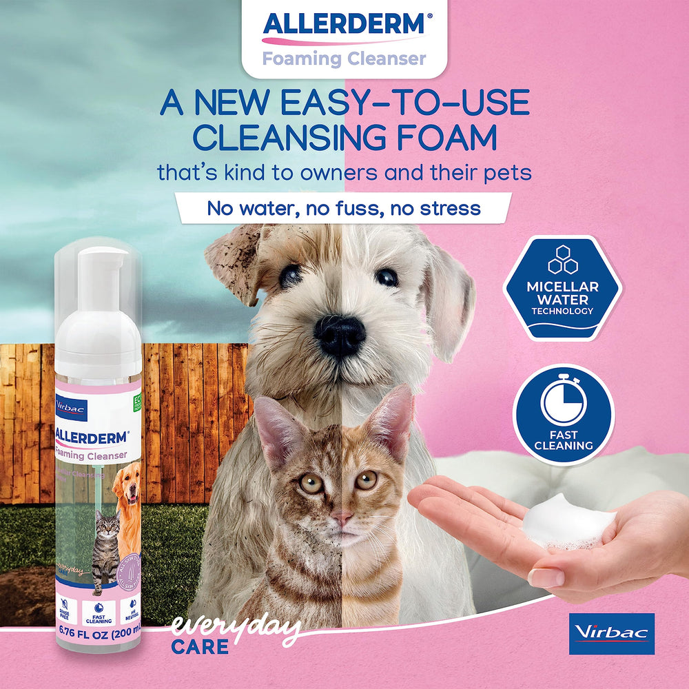 Allerderm espuma micelar en acción, limpieza rápida para mascotas.