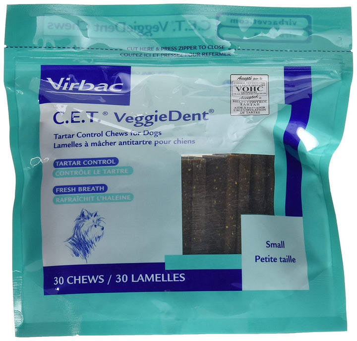Virbac C.E.T. Veggiedent para perro pequeño, envase visible, para fomentar la masticación y el aliento fresco.