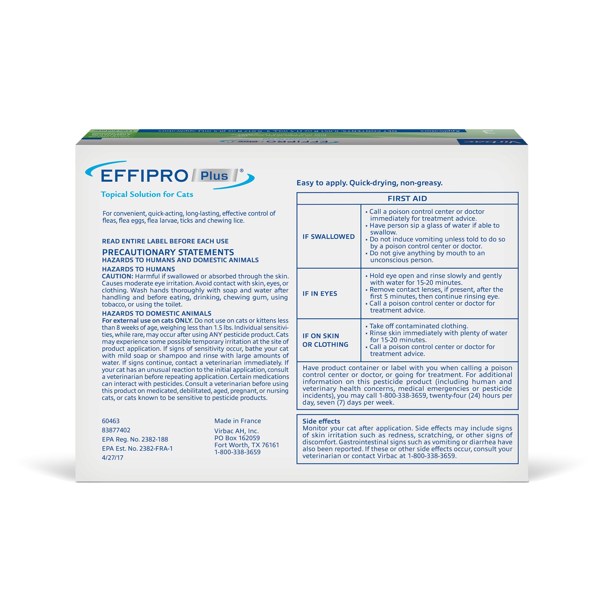 Virbac Effipro Plus, elimina pulgas adultas, huevos y liendres para un cuidado completo.