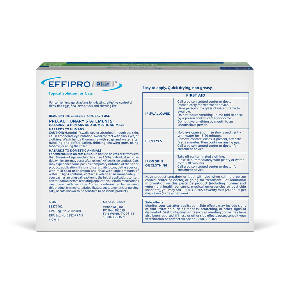 Virbac Effipro Plus, elimina pulgas adultas, huevos y liendres para un cuidado completo.