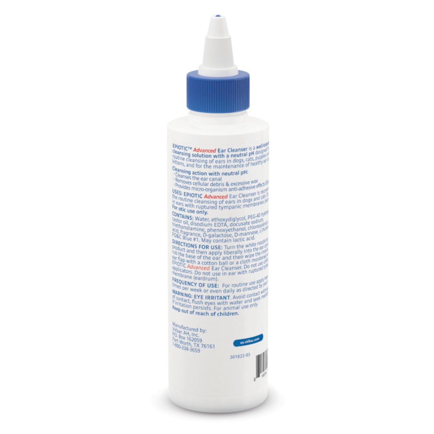 Virbac Epi-Otic Avanzado, envase detalle, fórmula suave para oídos sensibles y cuidado cotidiano.