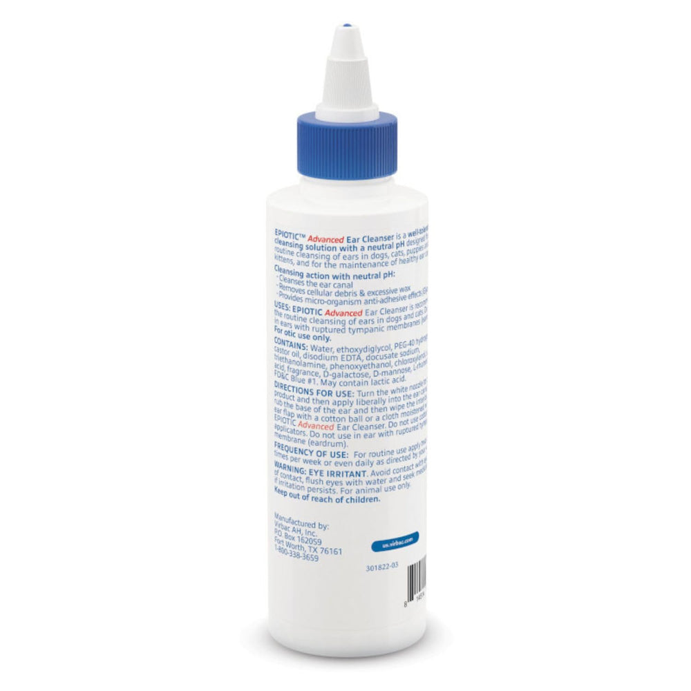 Virbac Epi-Otic Avanzado, envase detalle, fórmula suave para oídos sensibles y cuidado cotidiano.