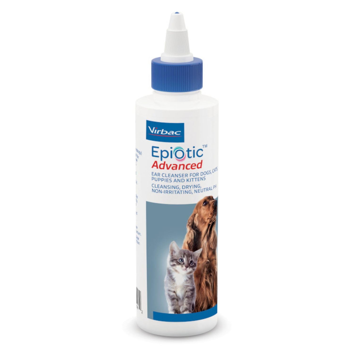 Virbac Epi-Otic Avanzado, primer plano de limpiador de oídos, elimina cerumen y humedad.