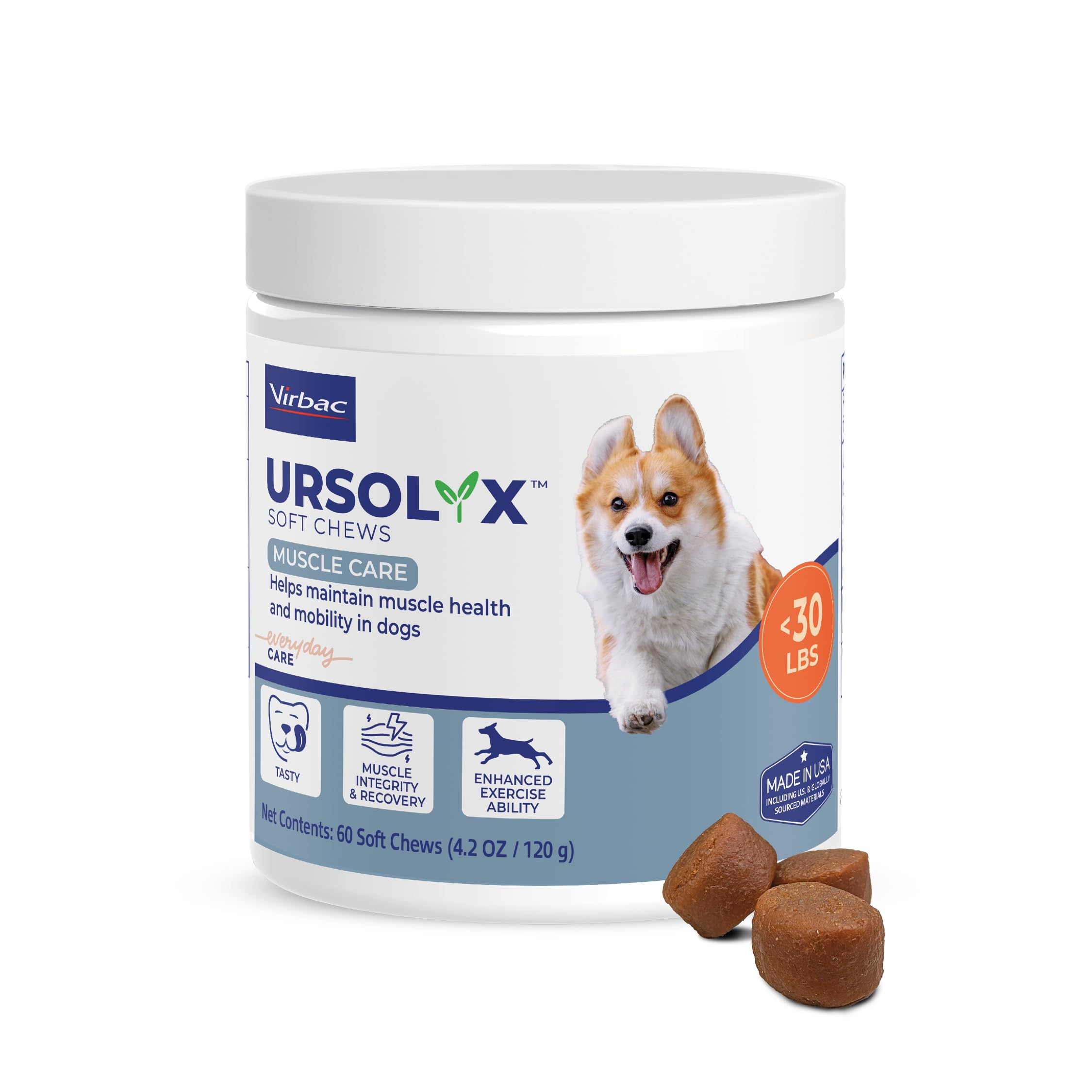 Virbac URSOLYX frasco de masticables para perros, apoyo potencial a la movilidad.