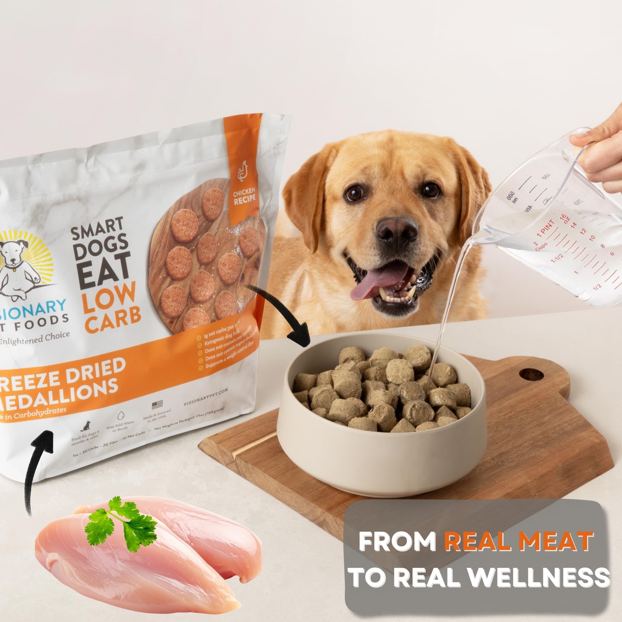 Visionary Pet Foods, envase de 25 oz para conveniencia diaria.