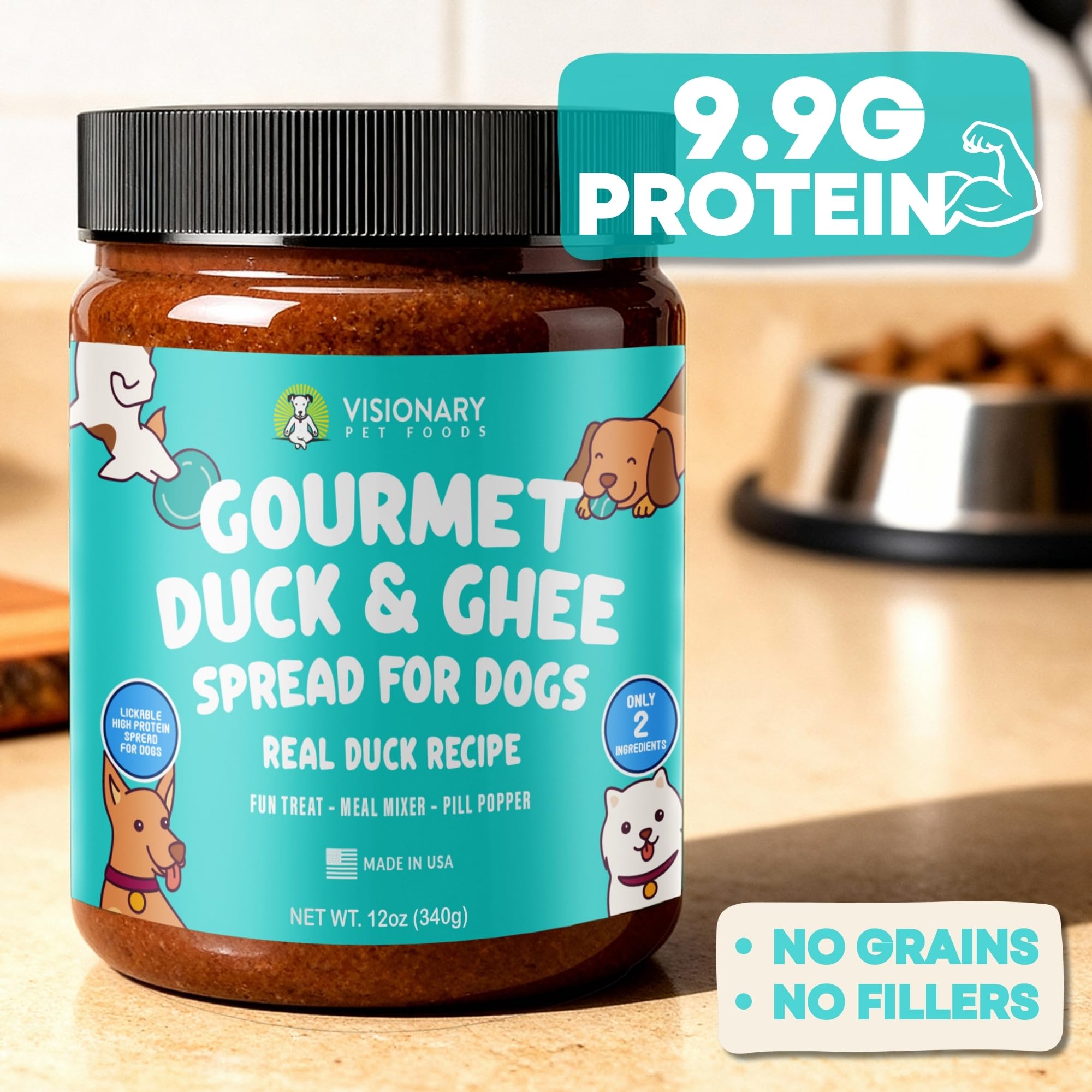 Visionary Pet Foods pasta de pato y ghee, tarro de 12oz listo para servir.