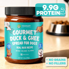 Visionary Pet Foods pasta de pato y ghee, tarro de 12oz listo para servir.