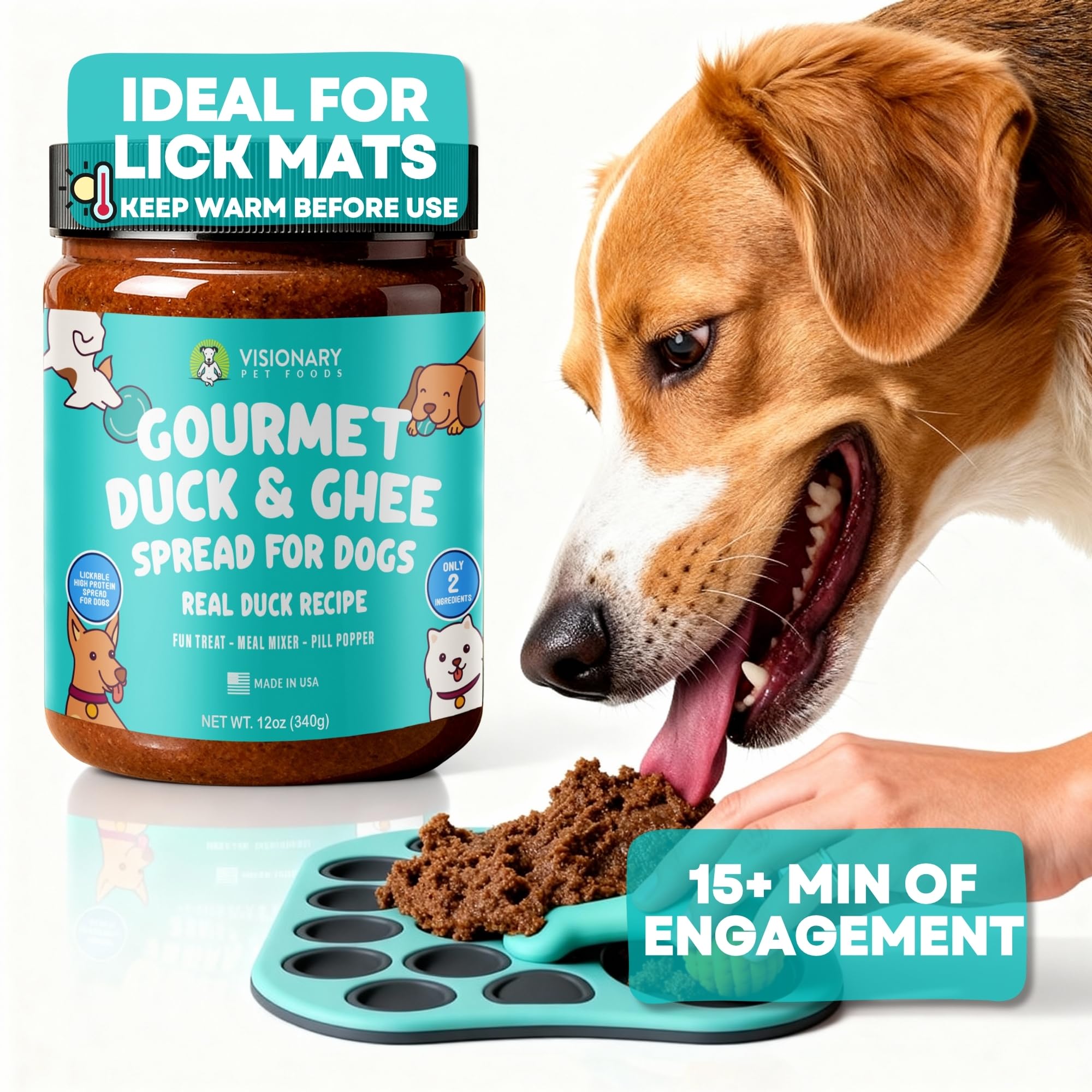 Visionary Pet Foods tapete para lamer con pasta de pato y ghee.