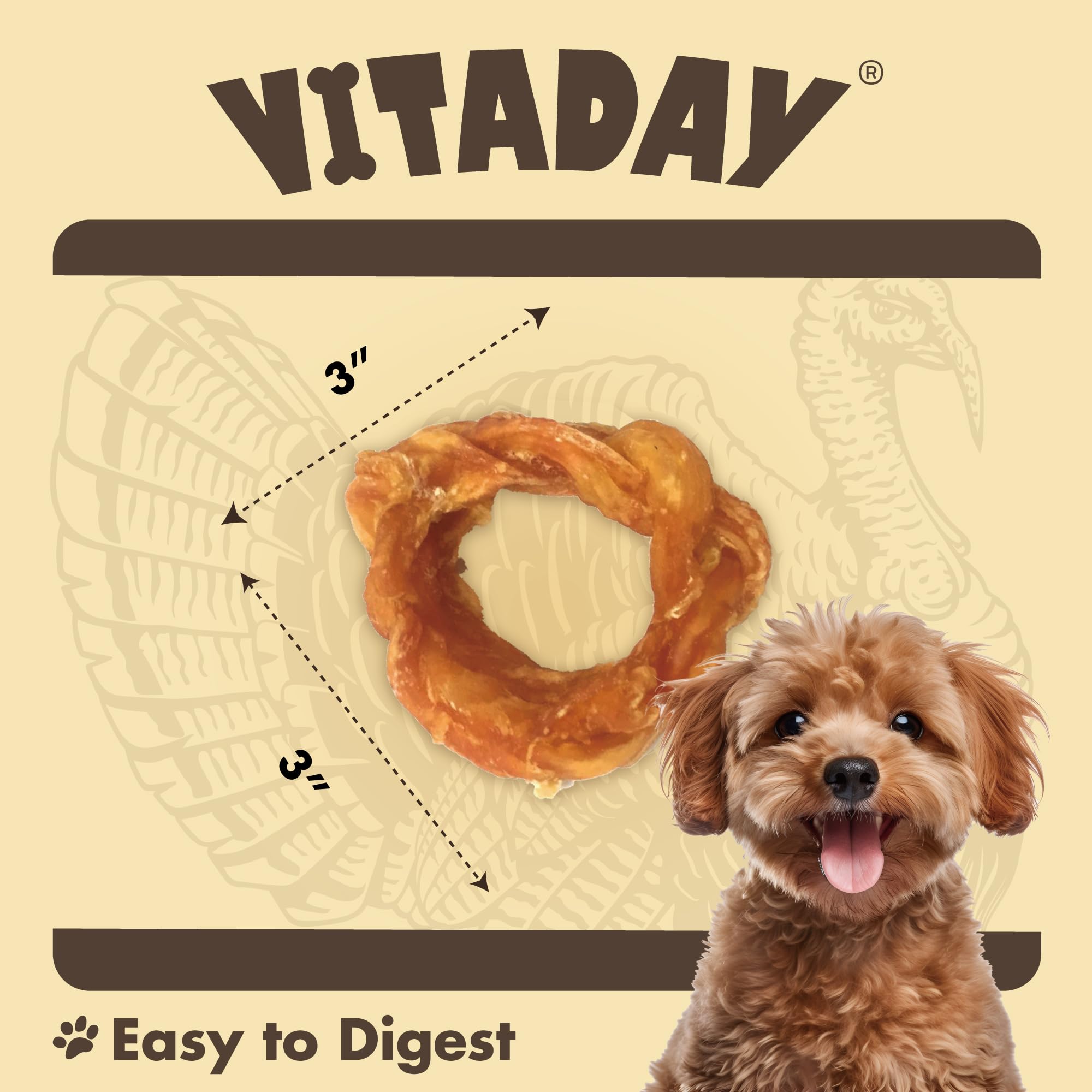 VITADAY tendones de pavo para perros, empaque de 4 unidades, recompensa natural para entrenamiento