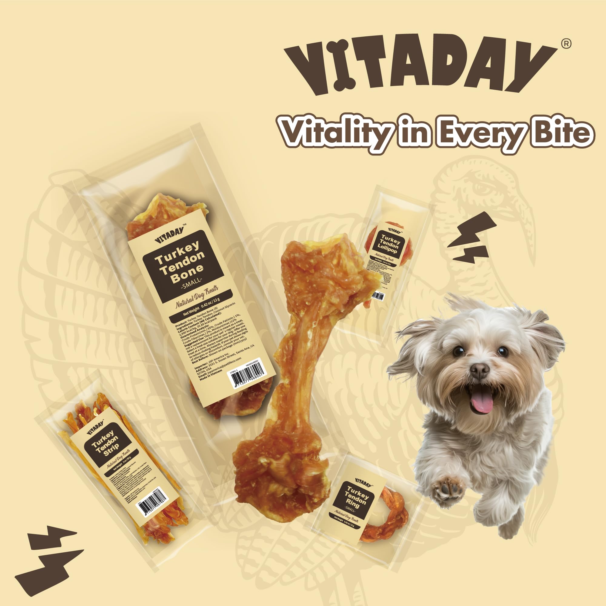VITADAY Tendones de pavo para perros: sin aditivos, snack seguro para perros pequeños.