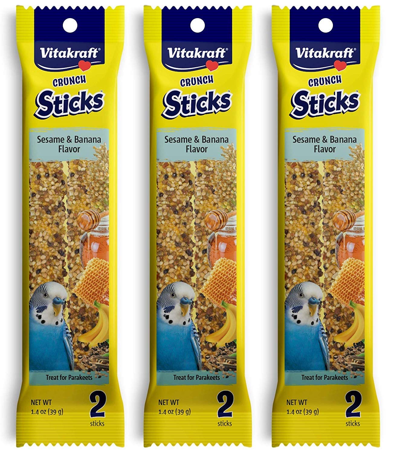 Vitakraft Banana Sticks para periquitos, embalaje práctico para guardar y usar en casa.