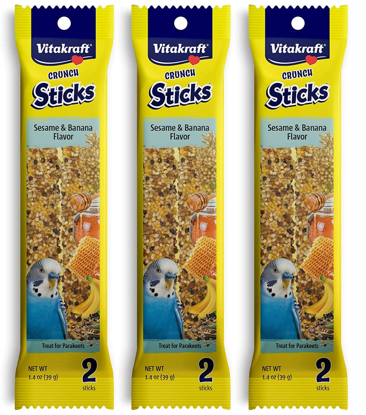 Vitakraft Banana Sticks para periquitos, embalaje práctico para guardar y usar en casa.
