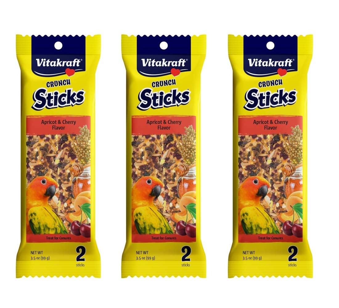 Vitakraft palitos crujientes albaricoque y cereza para loros pequeños, ideales para morder y entretener.