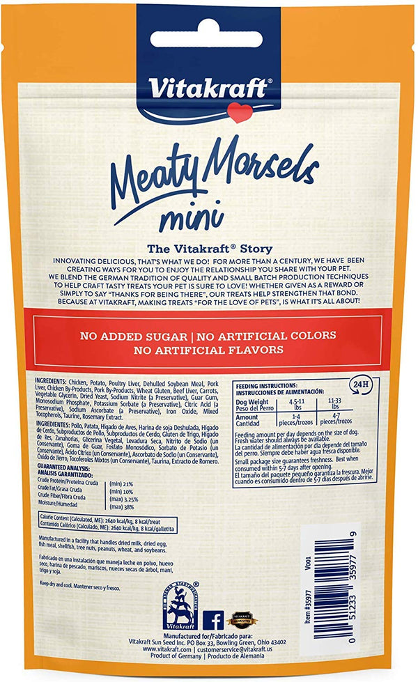 Vitakraft Chicken Mini Meaty Morsels: mordiscos suaves para entrenamiento y recompensa diaria.