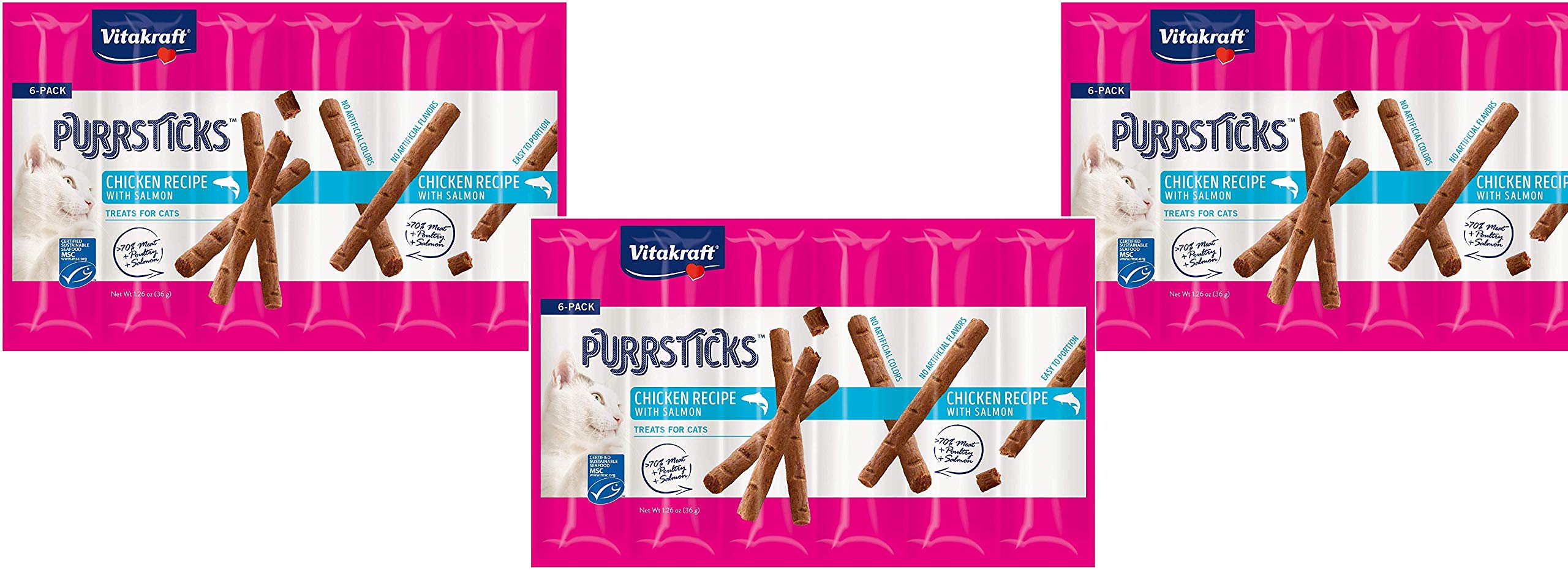 Vitakraft PurrSticks, tiras de pollo con salmón, premio práctico para el gato