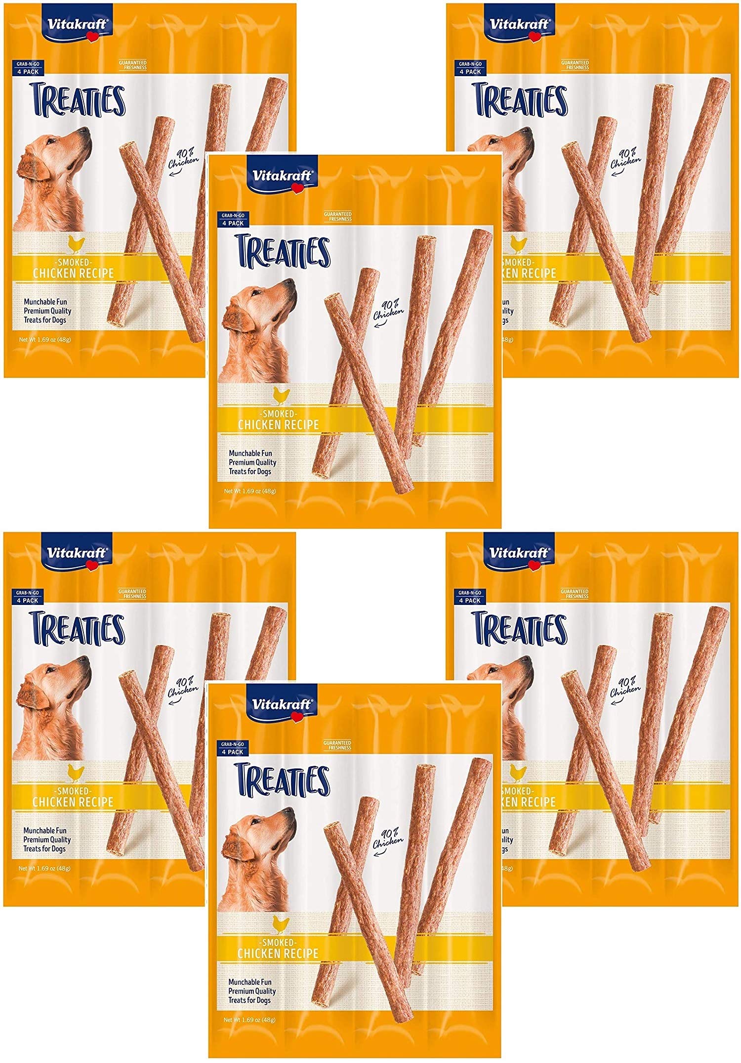 Vitakraft Treaties empaque: snack crujiente de pollo para perros activos.