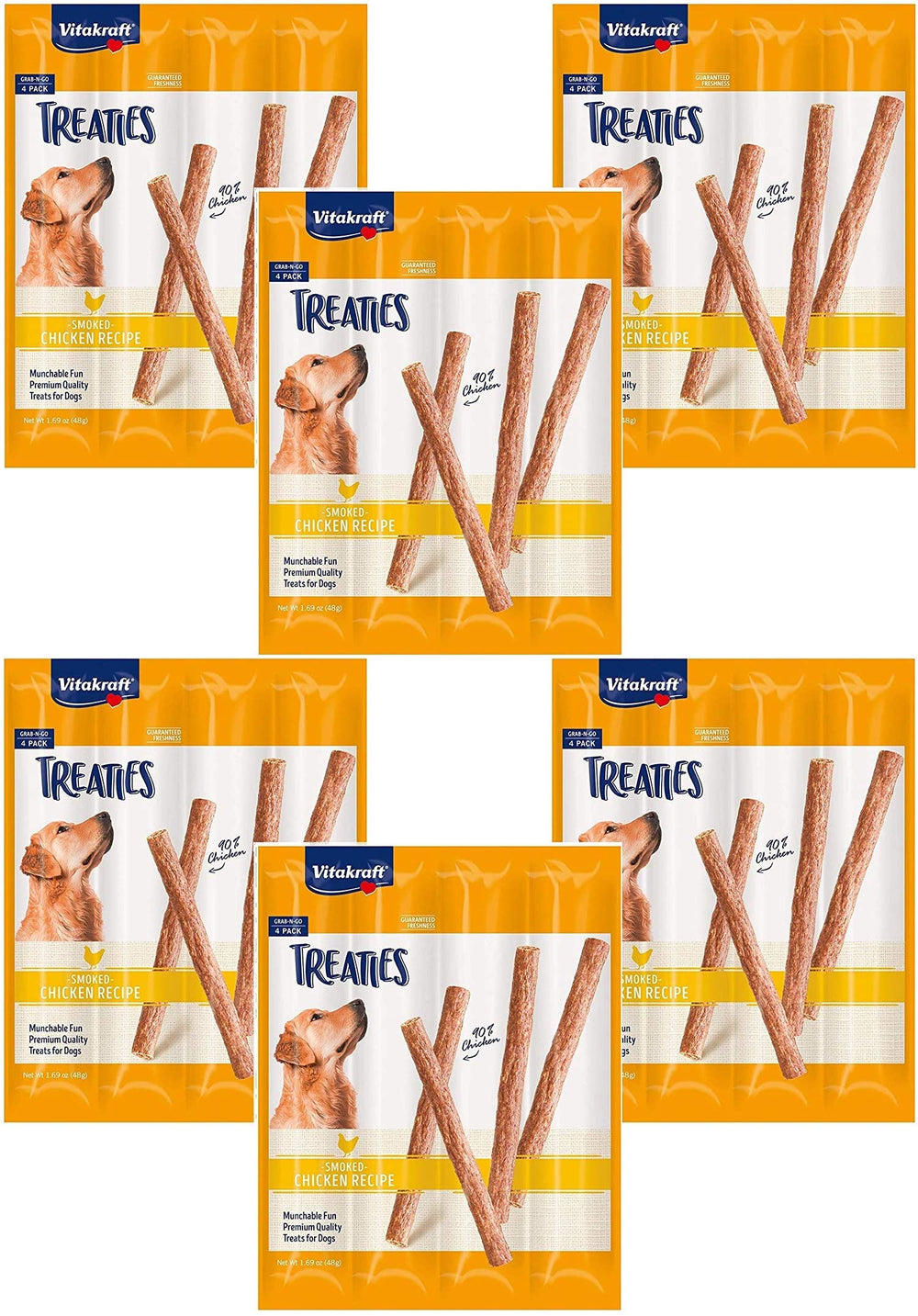 Vitakraft Treaties empaque: snack crujiente de pollo para perros activos.