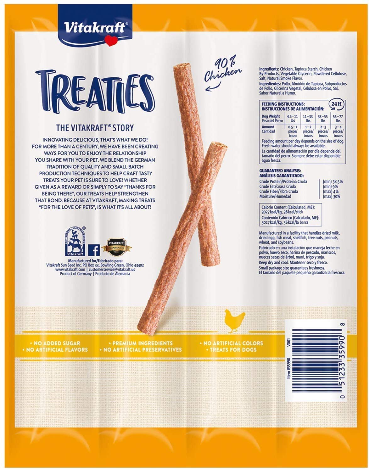 Vitakraft Treaties tiras de pollo crujientes: premio práctico para entrenamiento.