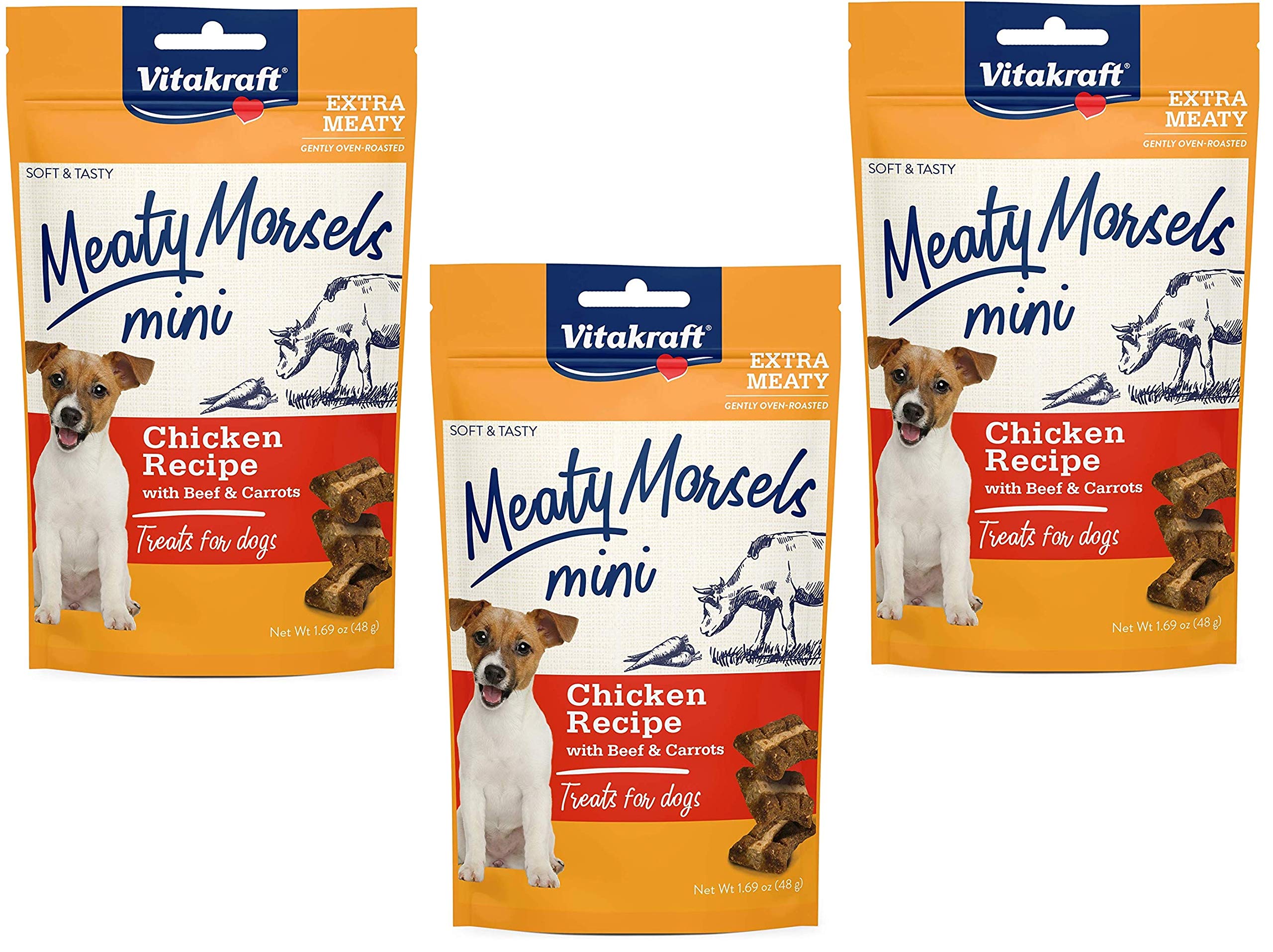 Vitakraft Chicken Mini Meaty Morsels: paquete de 3 premios sabrosos para perros pequeños.