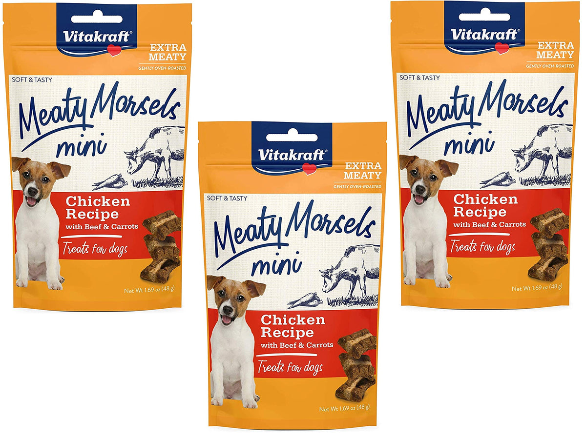 Vitakraft Chicken Mini Meaty Morsels: paquete de 3 premios sabrosos para perros pequeños.