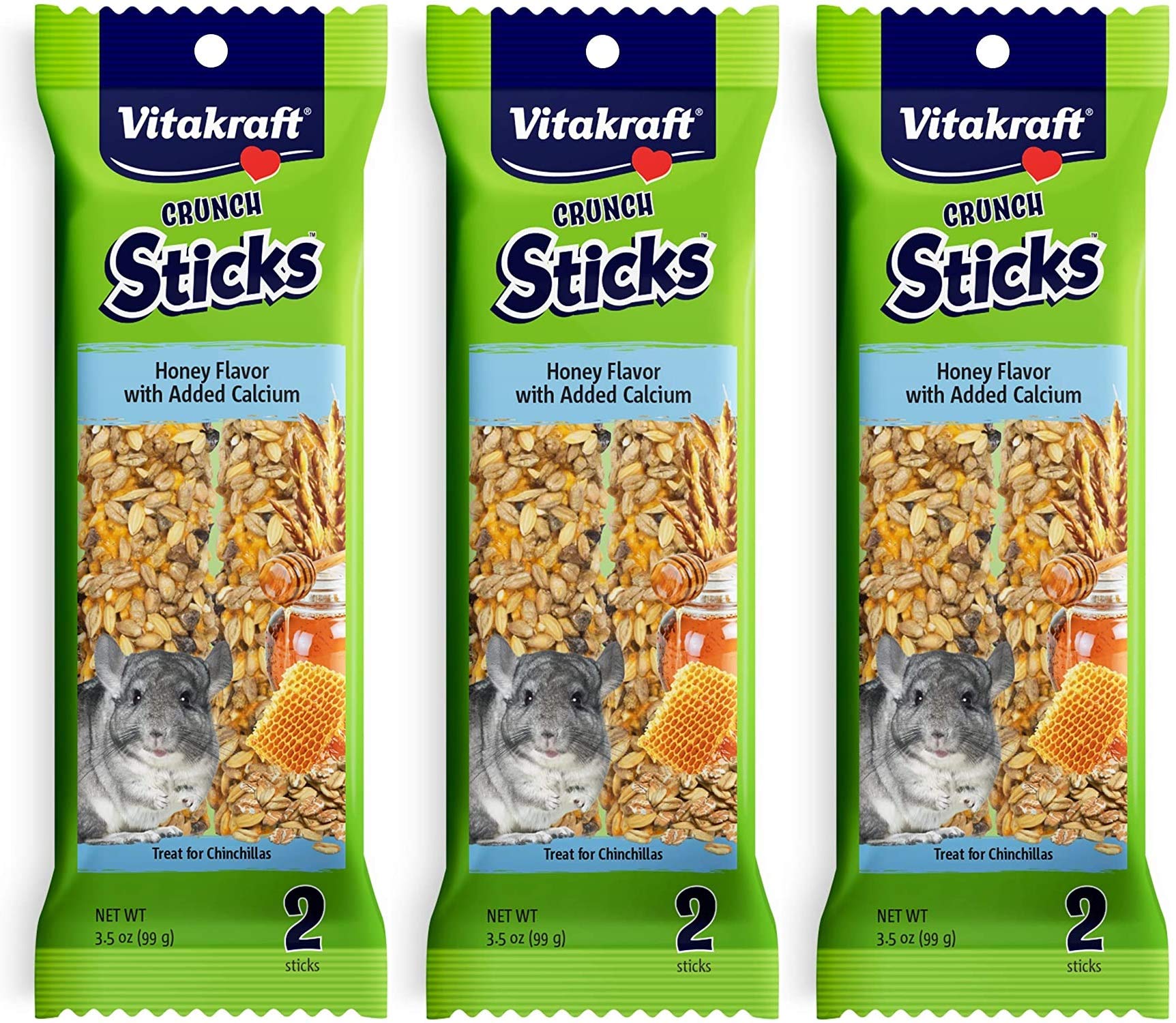 Vitakraft tres-pack palitos crujientes miel calcio, ideal para complementar minerales en roedores y chinchillas