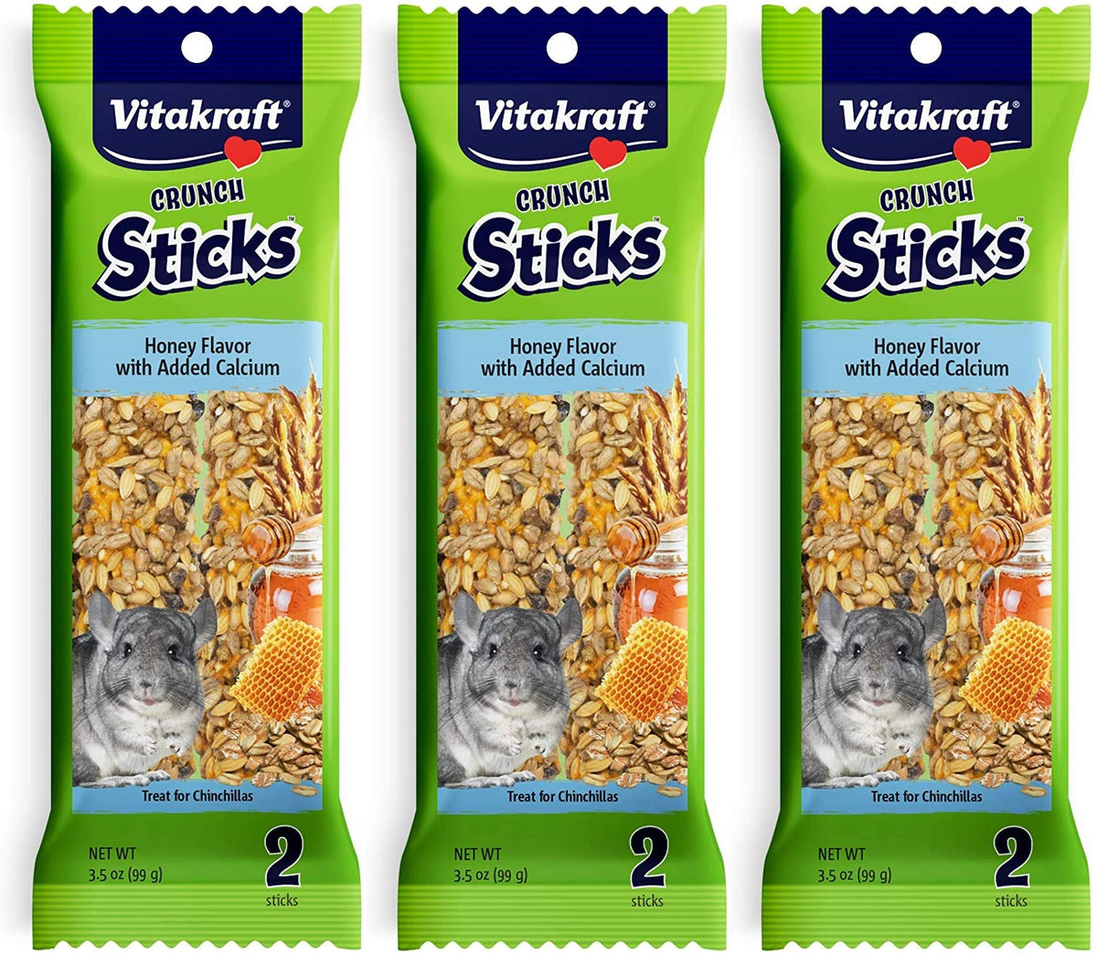 Vitakraft tres-pack palitos crujientes miel calcio, ideal para complementar minerales en roedores y chinchillas