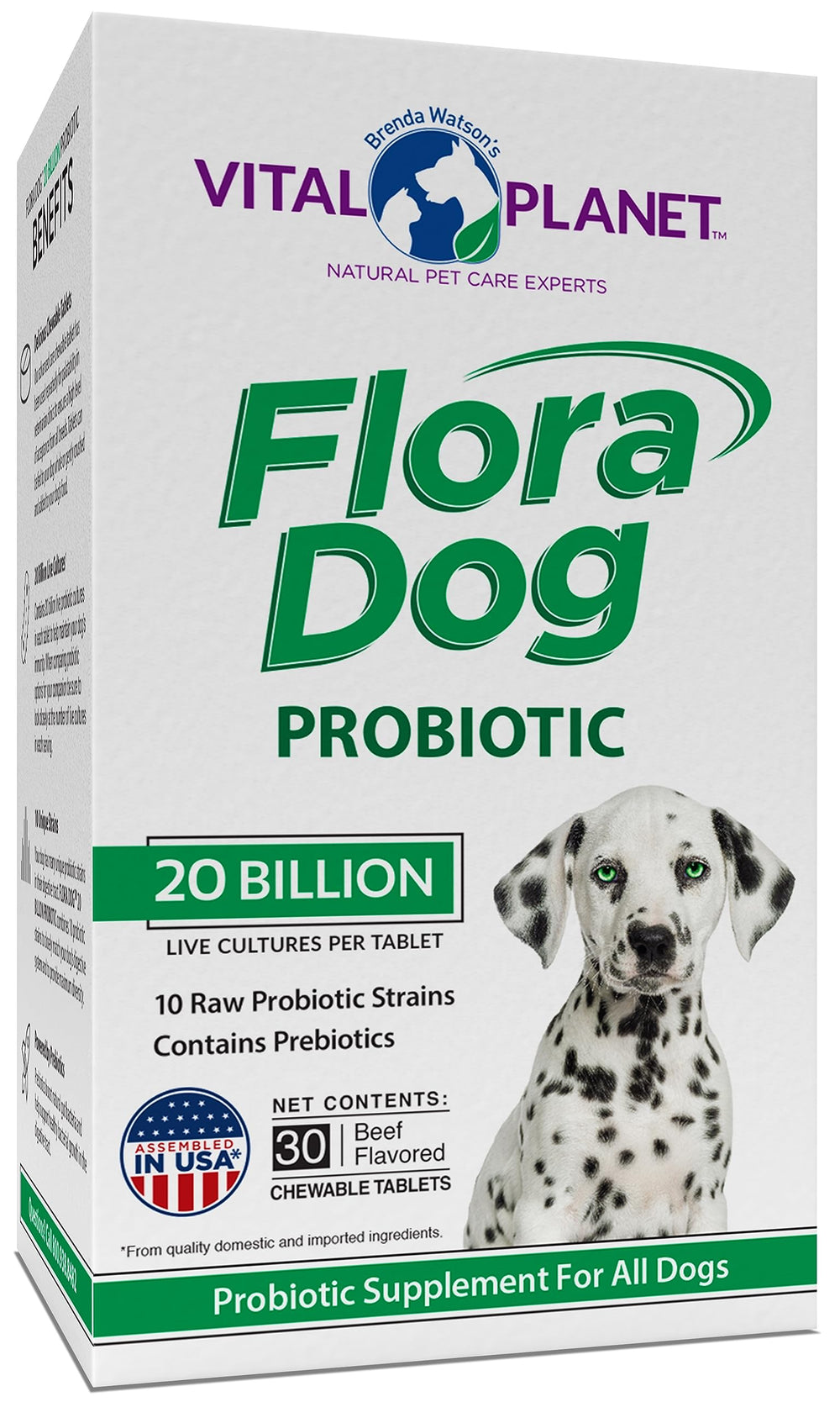 Vital Planet Flora Dog, tabletas masticables, frente del envase, sabor a carne
