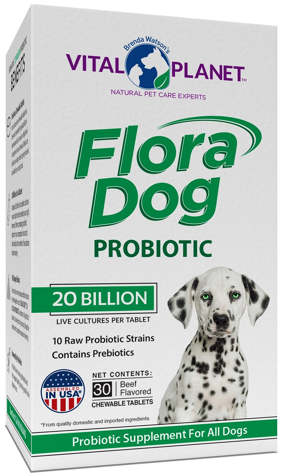 Vital Planet Flora Dog, tabletas masticables, frente del envase, sabor a carne