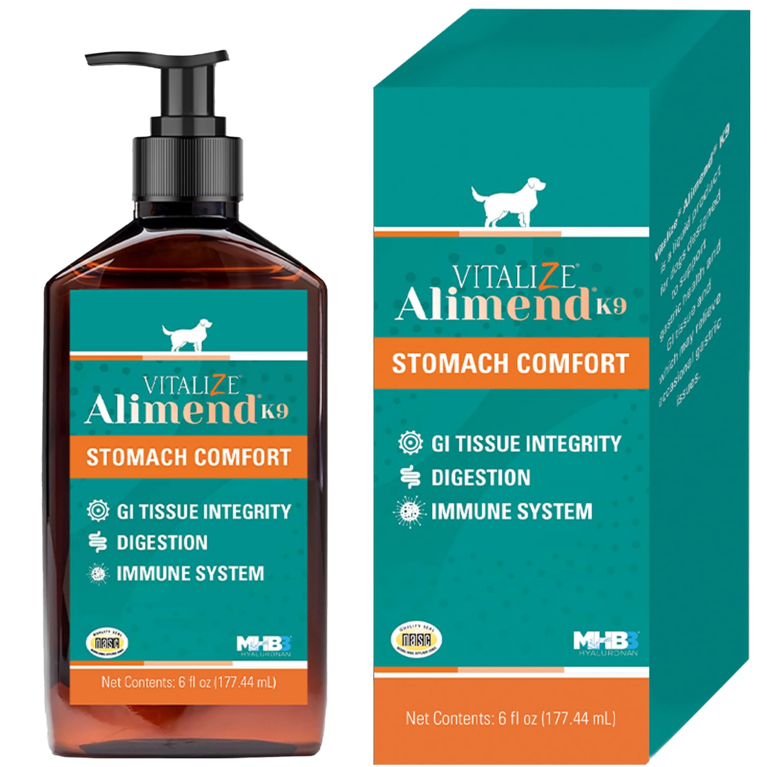 Vitalize Alimend K9 muestra la botella y el vertido para dosificar el suplemento.