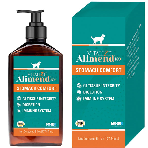 Vitalize Alimend K9 muestra la botella y el vertido para dosificar el suplemento.