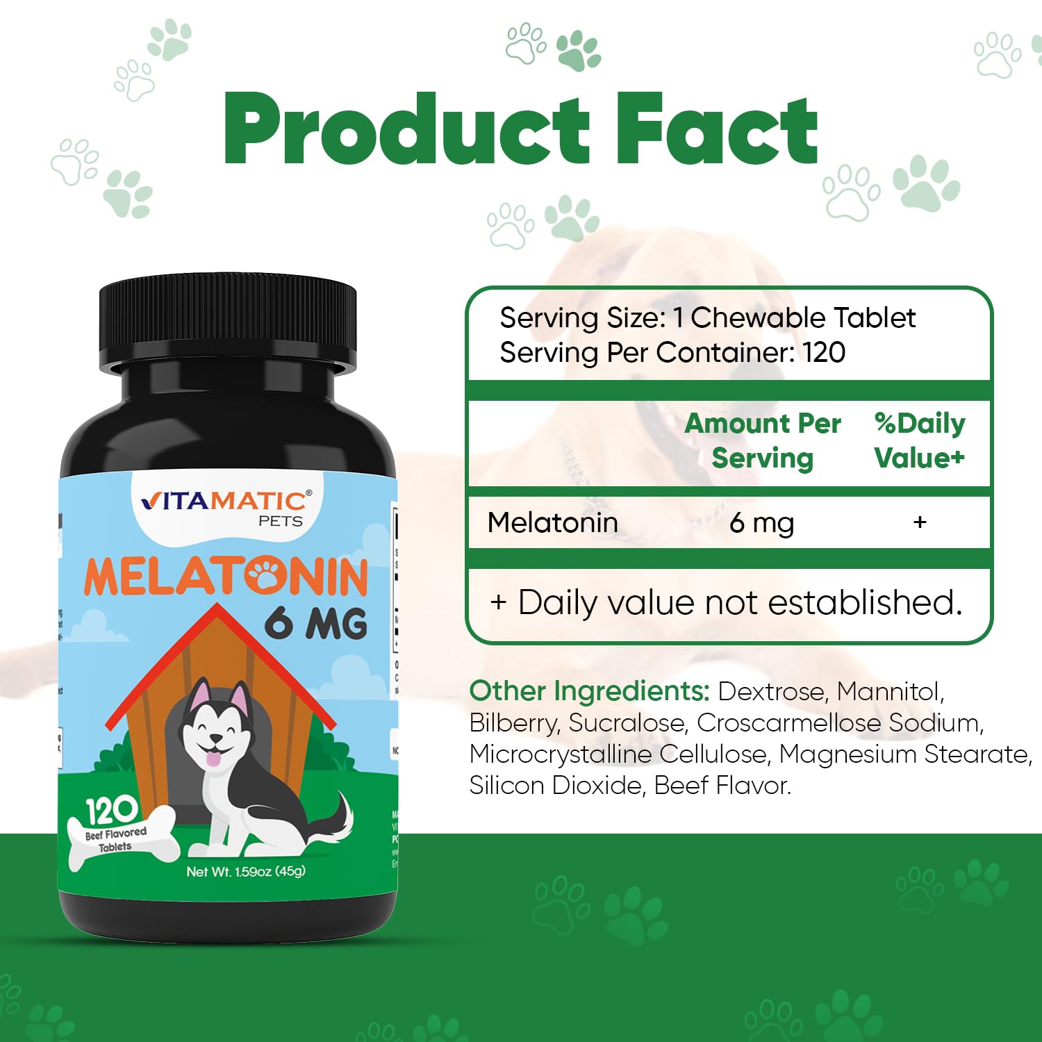 Vitamatic Melatonina para perros: tabletas sabor carne para tranquilidad nocturna