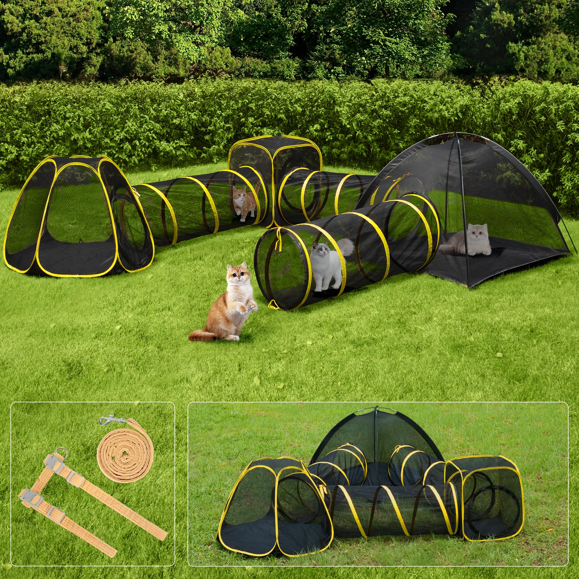 VIVOHOME seis-en-uno jaula exterior para gatos, juego seguro al aire libre.
