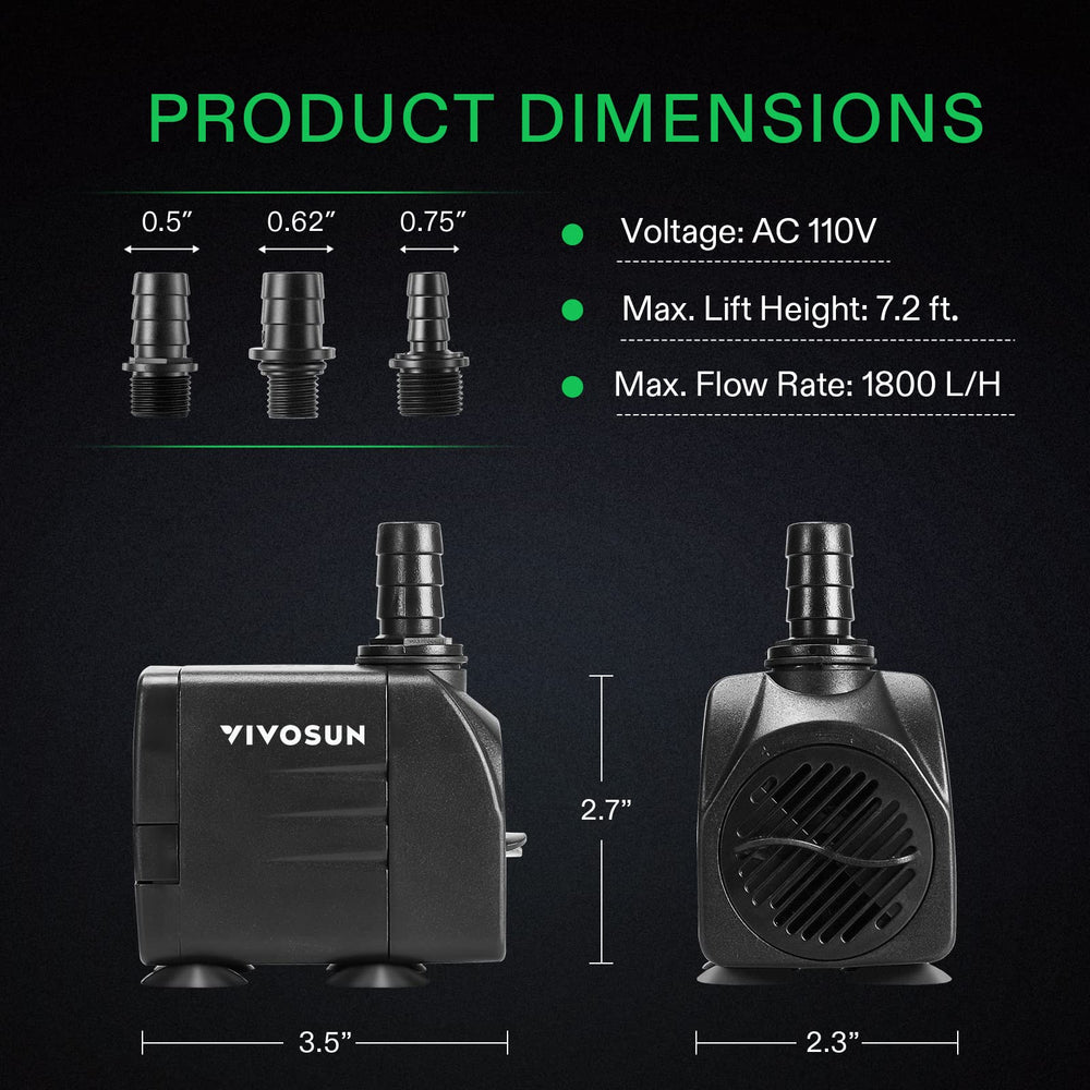 Bomba VIVOSUN 480GPH adecuada para estanques y fuentes exteriores.