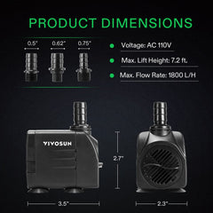 Bomba VIVOSUN 480GPH adecuada para estanques y fuentes exteriores.