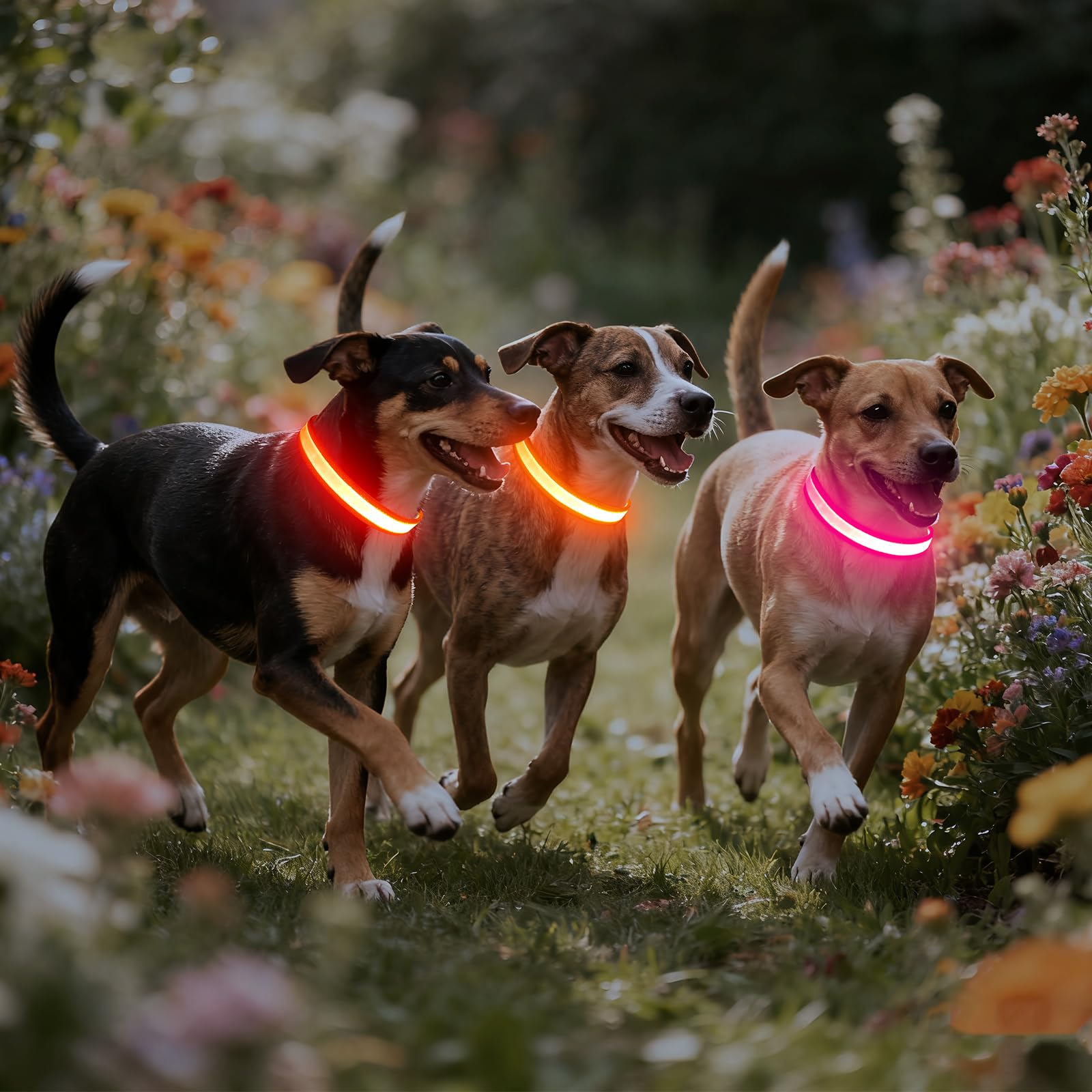 Collar Vizpet LED mostrando tres modos de iluminación