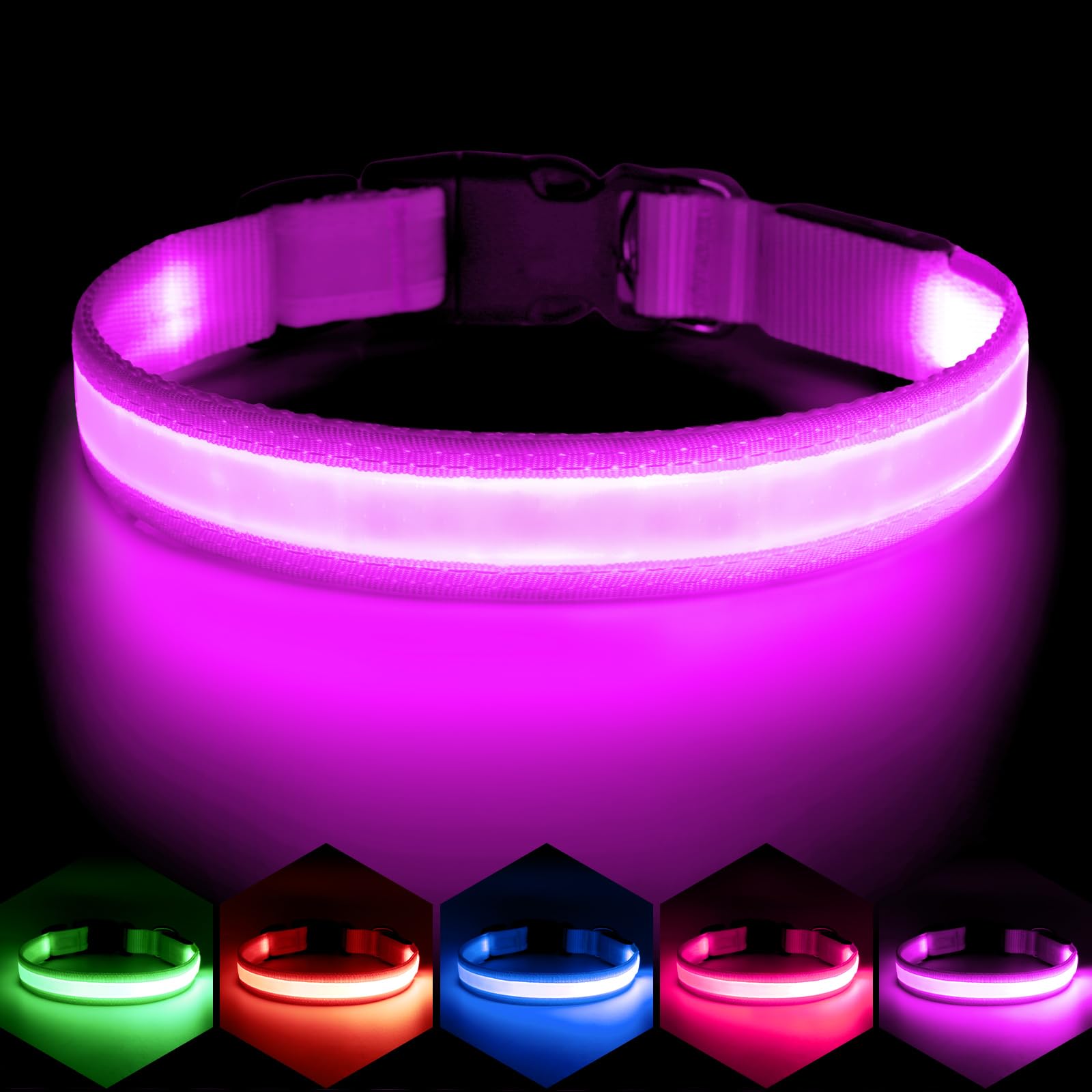 Collar LED Vizpet ajustable para perros, ideal para paseos diarios.